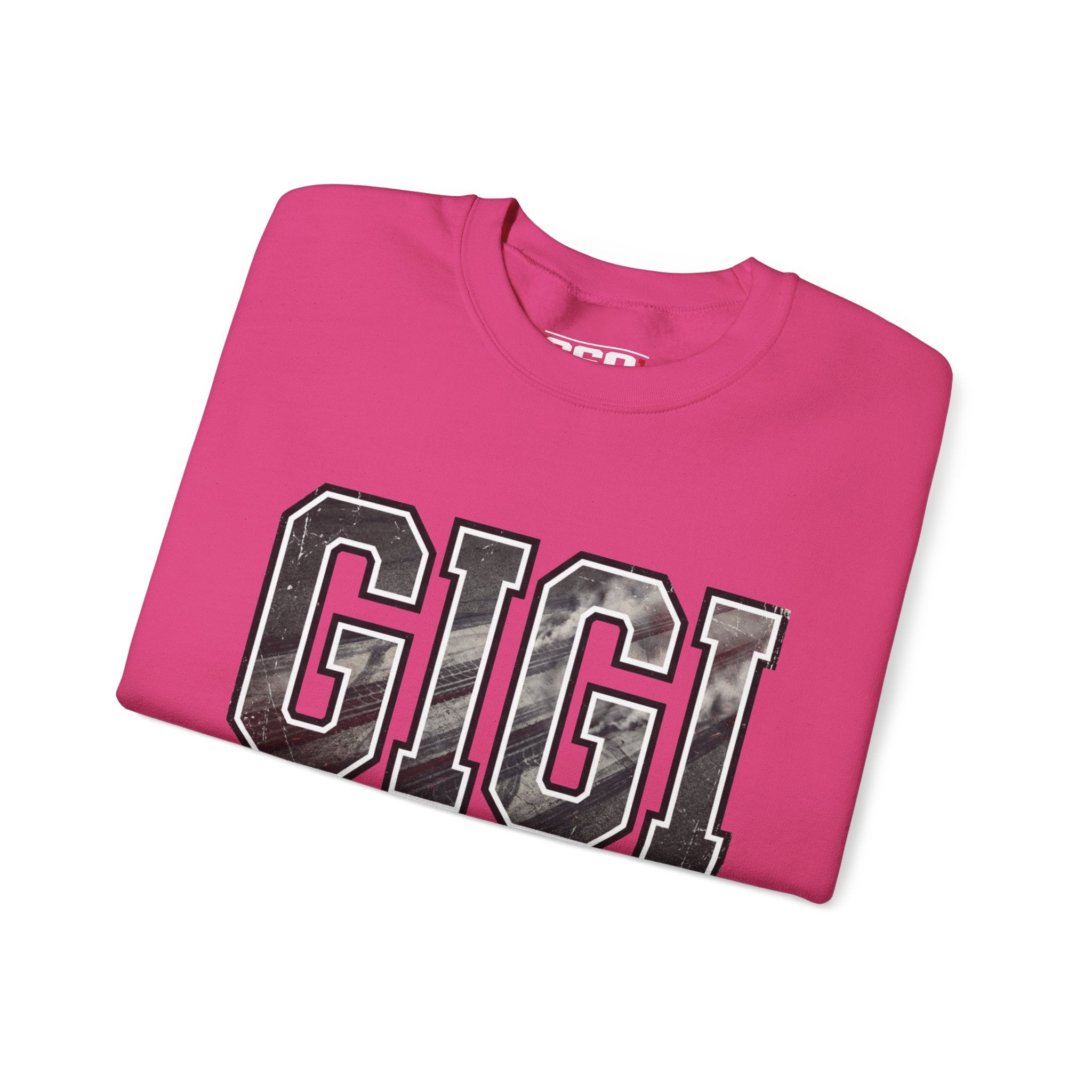 Pink GIGI sweatshirt with burnout tire mark lettering for racing grandma apparel