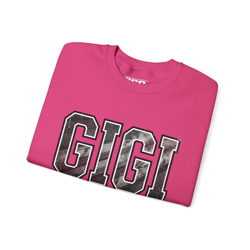 Pink GIGI sweatshirt with burnout tire mark lettering for racing grandma apparel
