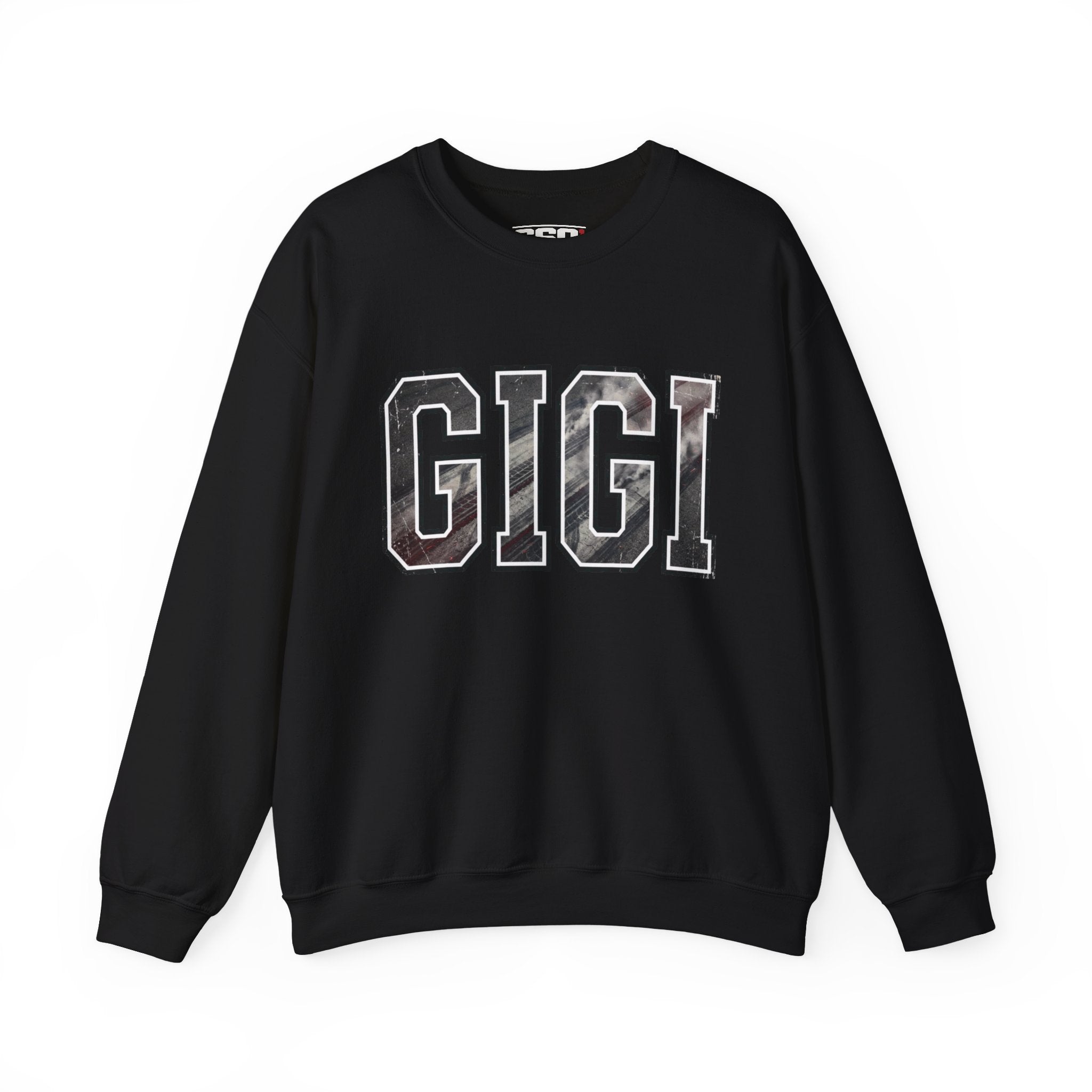 Model wearing GIGI burnout varsity sweatshirt in black for drag racing grandma apparel