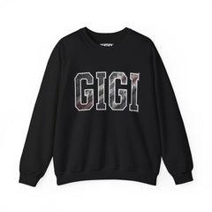 Model wearing GIGI burnout varsity sweatshirt in black for drag racing grandma apparel