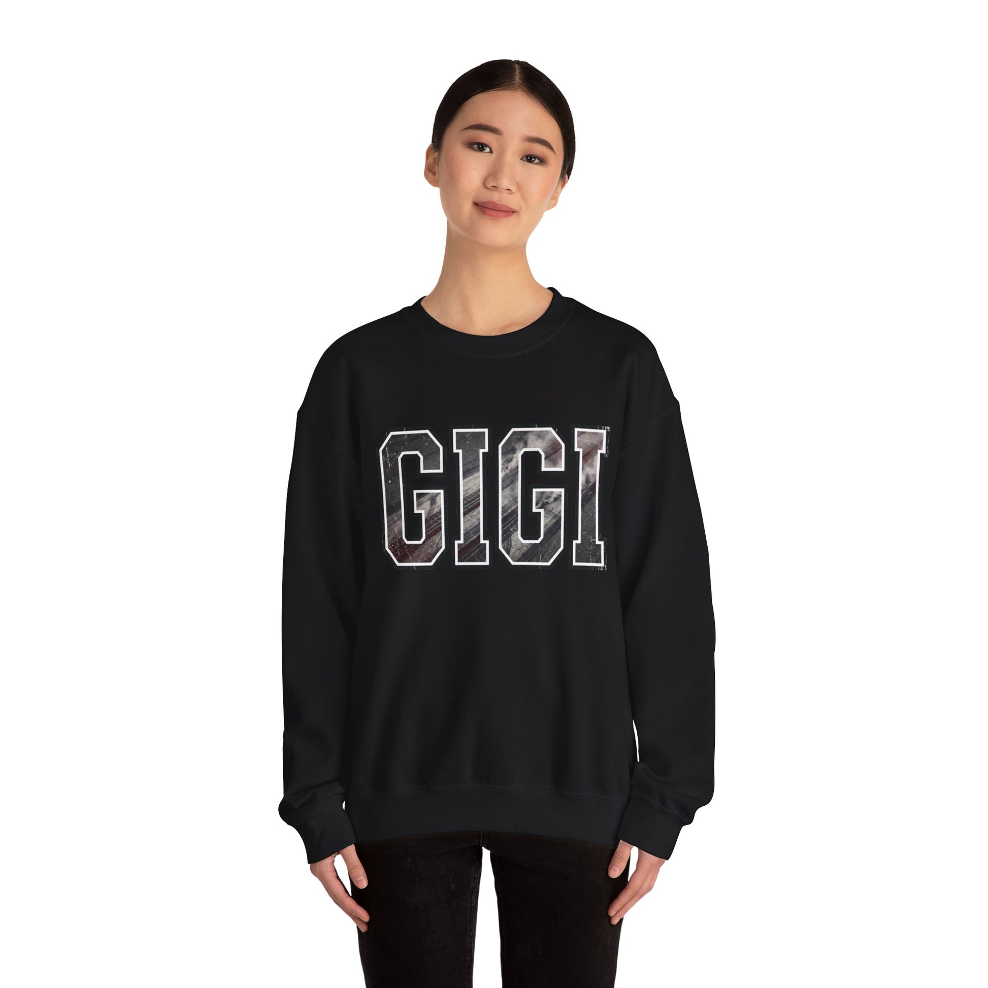 GIGI drag racing sweatshirt on model in black with burnout style varsity lettering