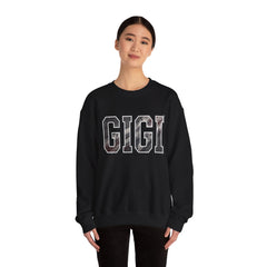 GIGI drag racing sweatshirt on model in black with burnout style varsity lettering