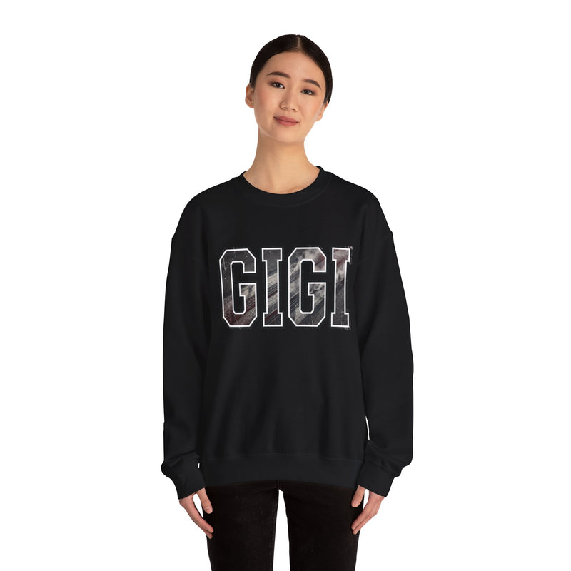 GIGI drag racing sweatshirt on model in black with burnout style varsity lettering