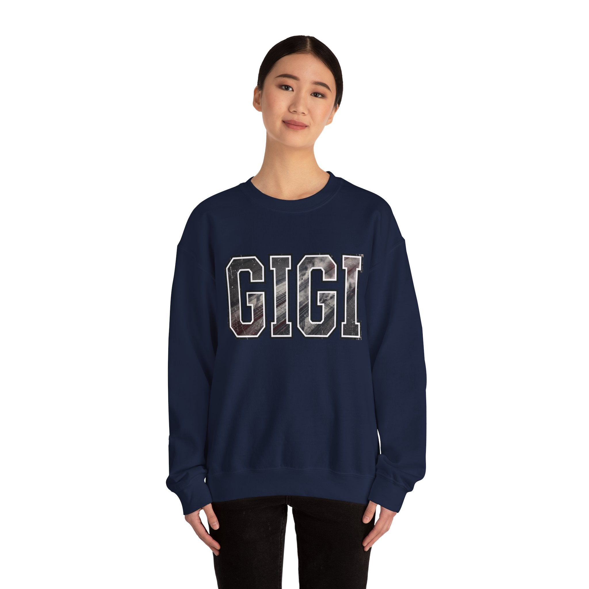 GIGI drag racing sweatshirt in navy blue with motorsports burnout style lettering on model