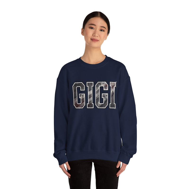 GIGI drag racing sweatshirt in navy blue with motorsports burnout style lettering on model
