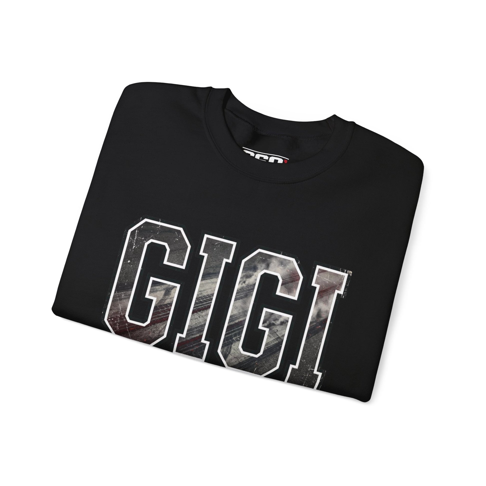 Black GIGI racing grandma sweatshirt with drag racing burnout texture lettering flat lay view