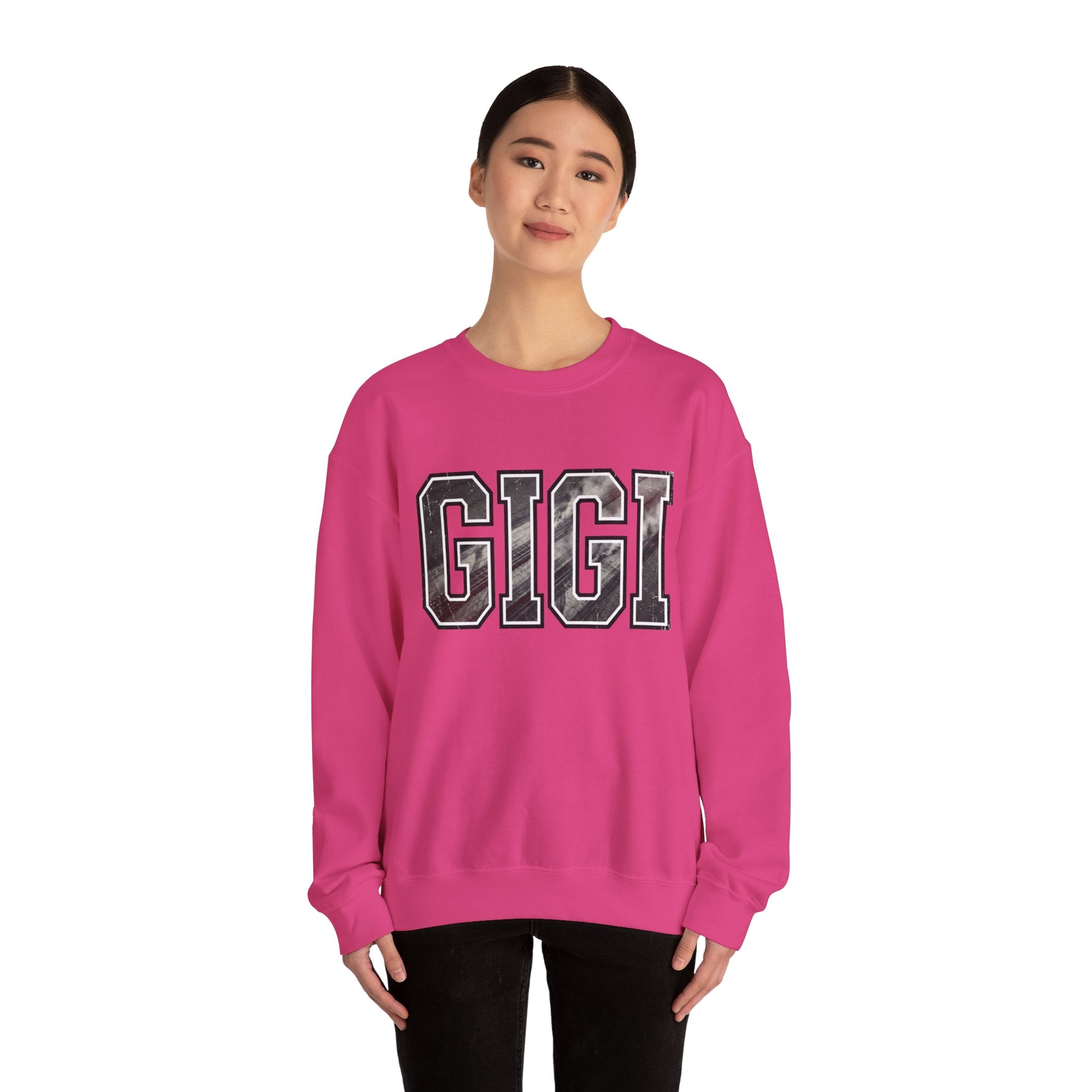 Pink GIGI racing grandma sweatshirt with drag racing style varsity lettering on model