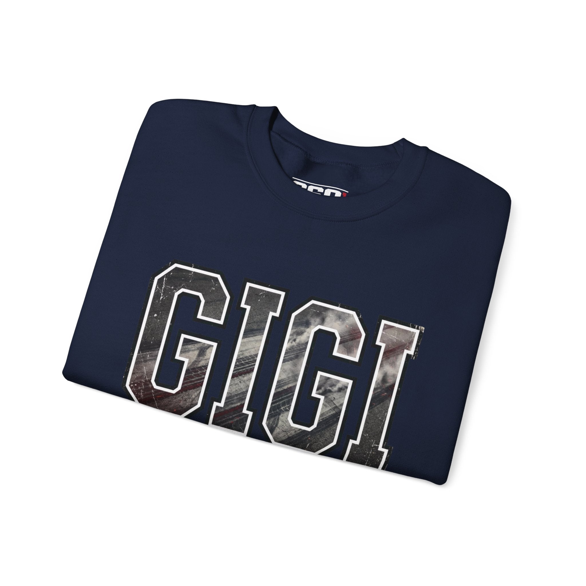 Navy GIGI racing sweatshirt with burnout texture lettering for motorsports fans