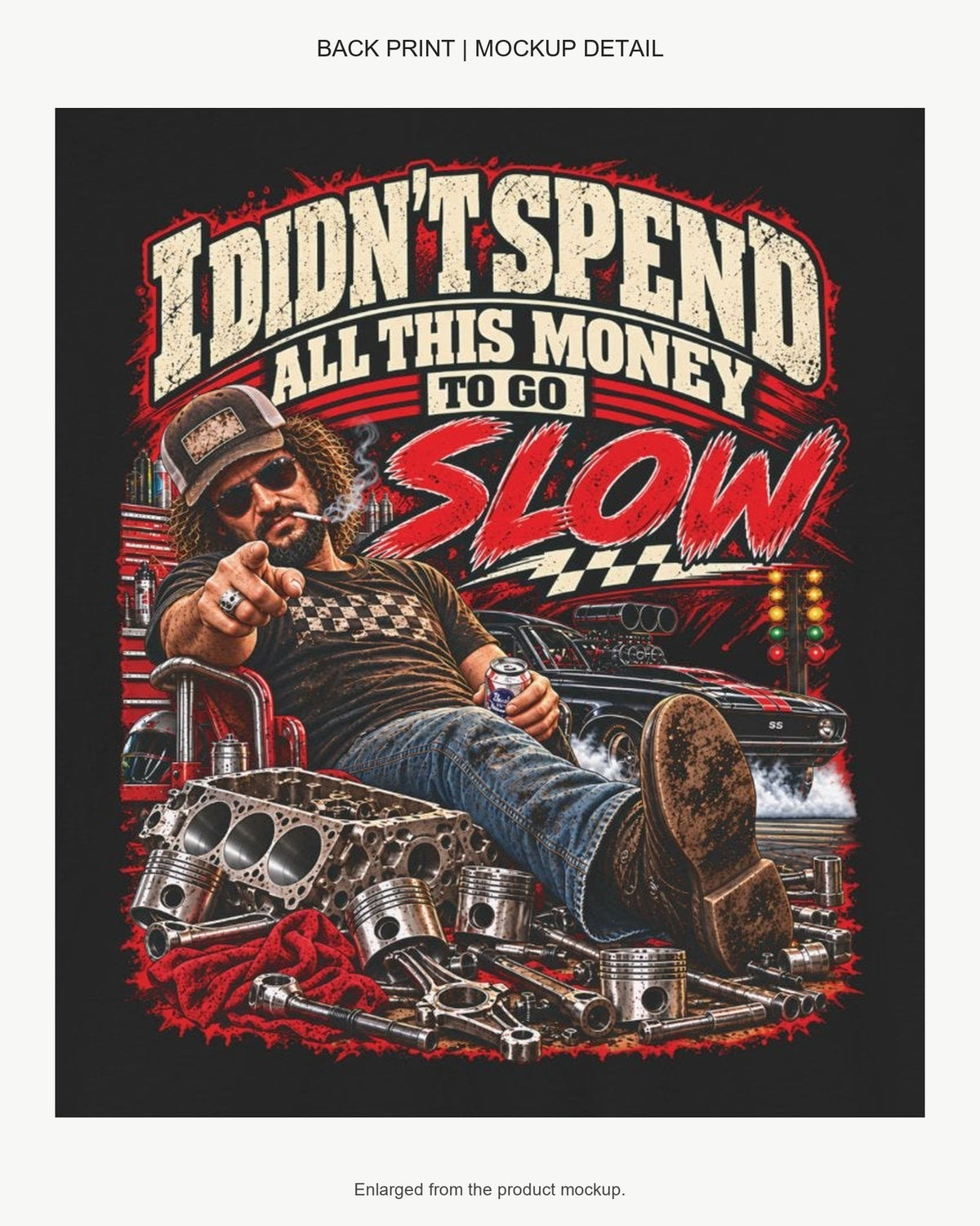 Enlarged mockup detail of the go slow back print, showing its wording and racing illustration.