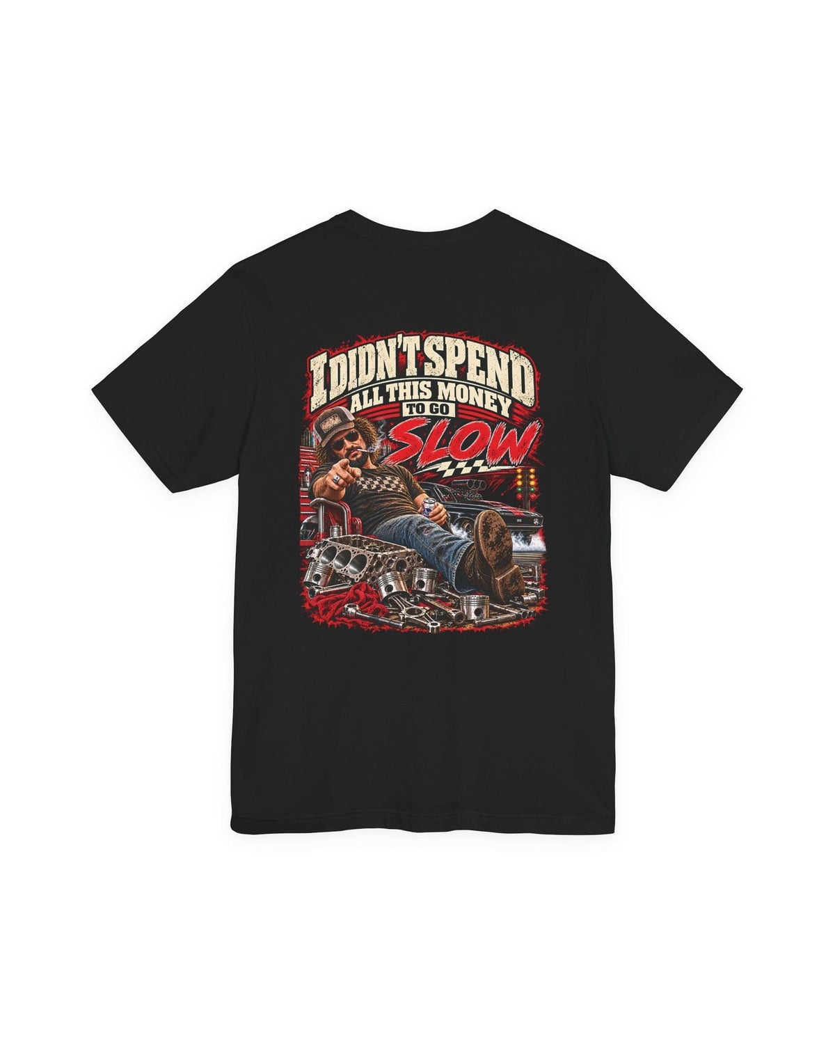 Back of a black Go Slow drag racing T-shirt with the complete red and cream racing graphic.