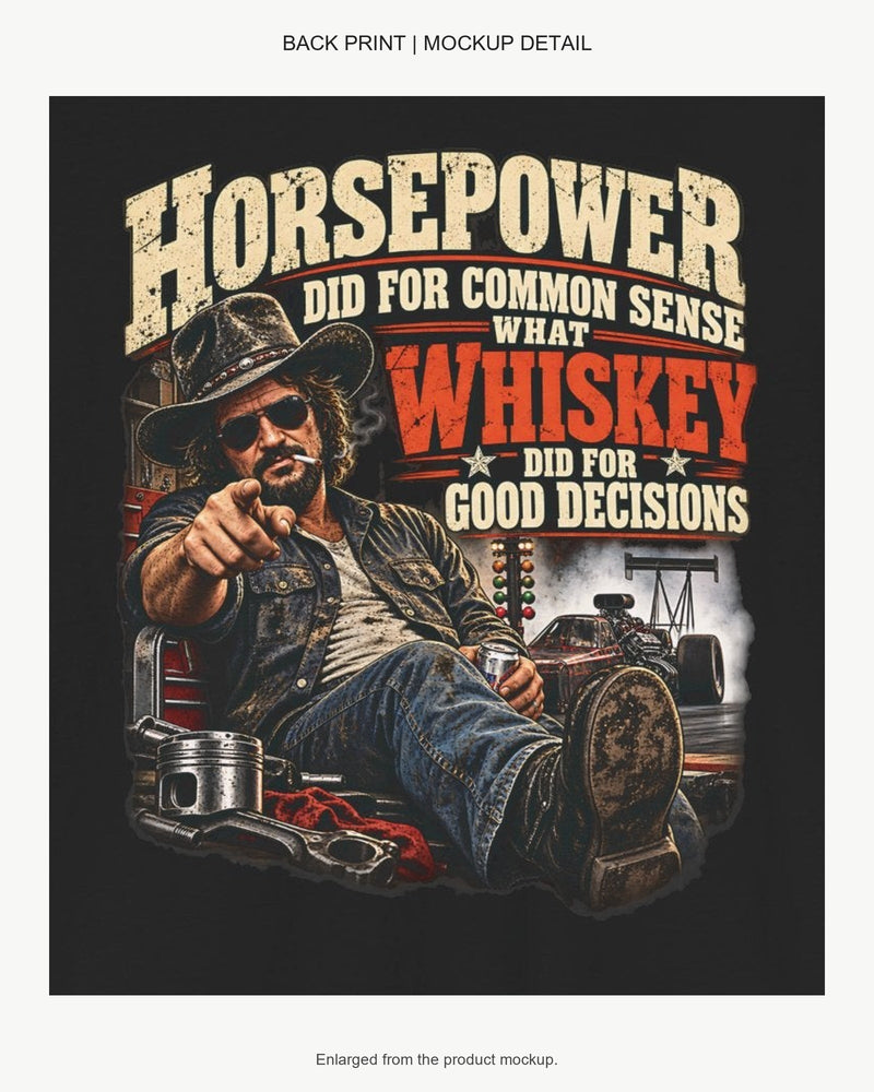 Enlarged mockup detail of the horsepower back print, showing its wording and racing illustration.