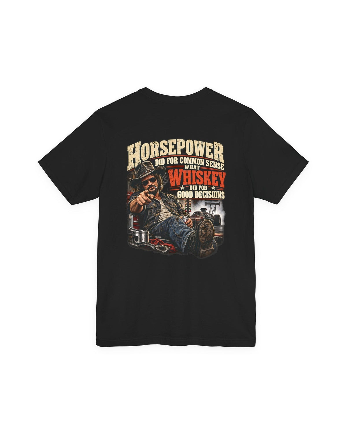 Back of the black horsepower drag racing T-shirt showing the complete Racing Wisdom artwork.