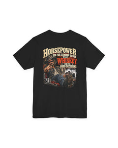 Back of the black horsepower drag racing T-shirt showing the complete Racing Wisdom artwork.