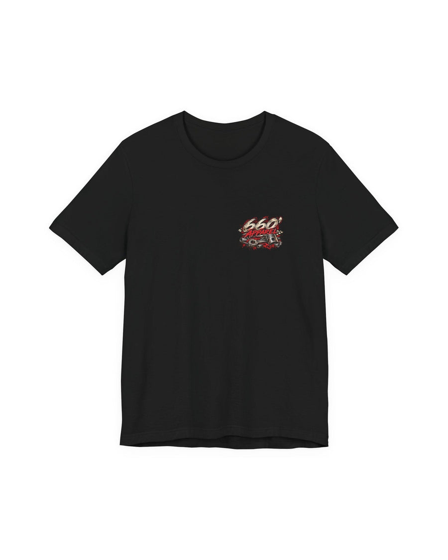 Front of the black horsepower shirt showing the small 660′ Apparel logo on the left chest.