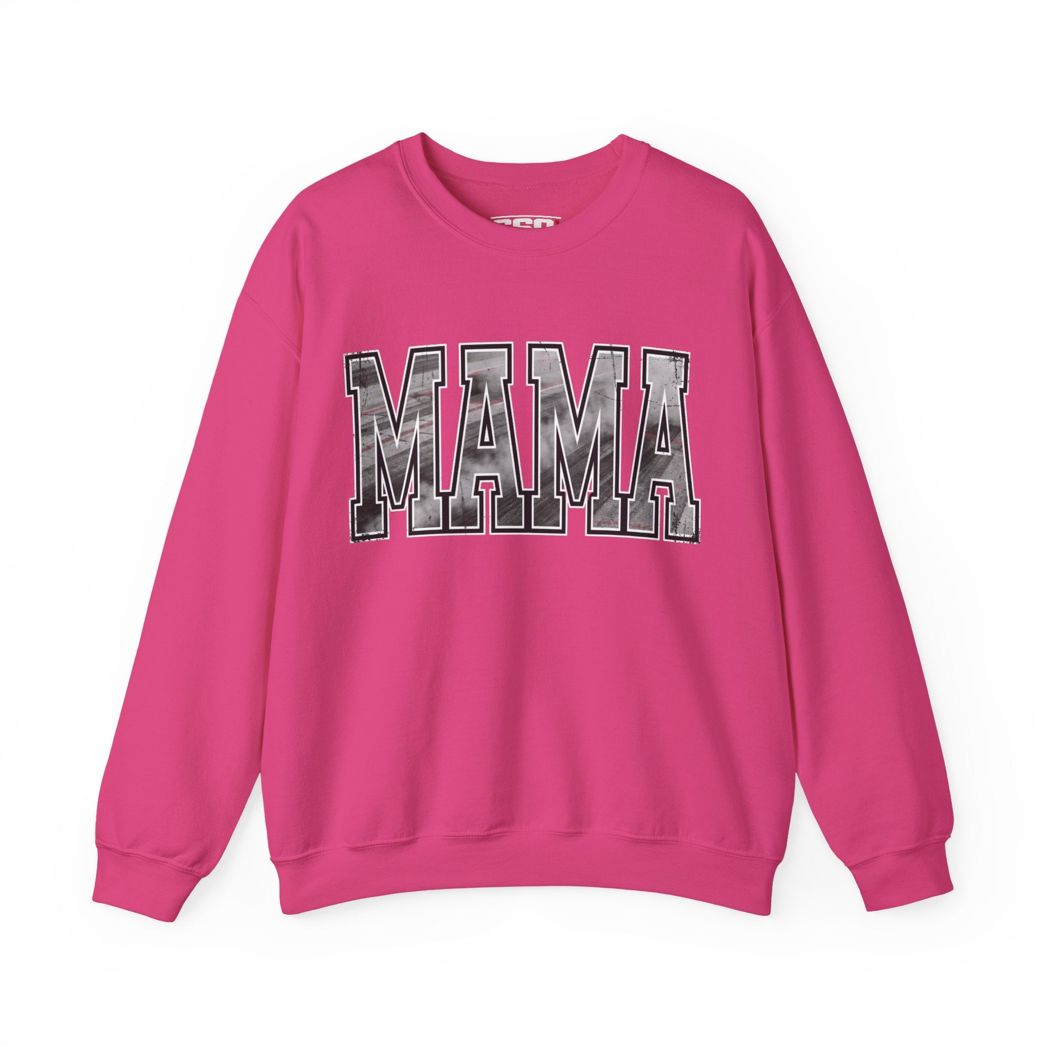 Pink MAMA sweatshirt with burnout tire mark lettering for racing mom apparel