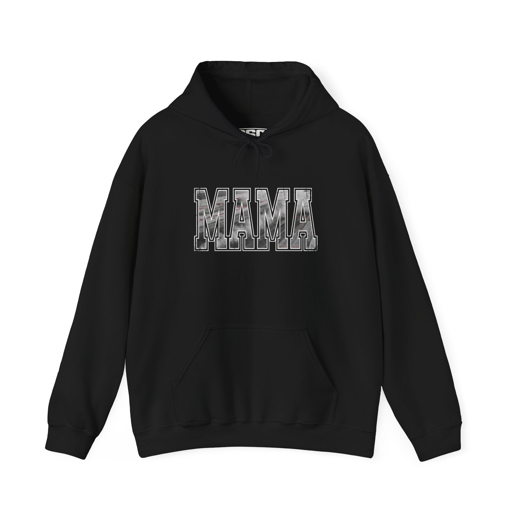 MAMA drag racing hoodie on model in black with burnout style varsity lettering