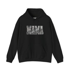 MAMA drag racing hoodie on model in black with burnout style varsity lettering