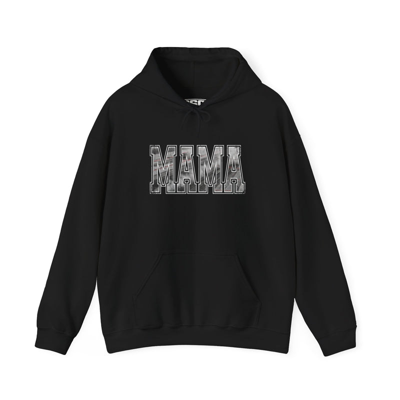 MAMA drag racing hoodie on model in black with burnout style varsity lettering