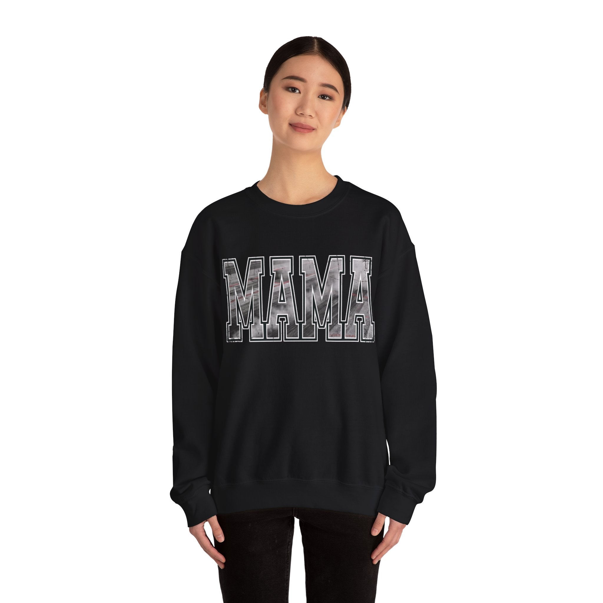 MAMA drag racing sweatshirt on model in black with burnout style varsity lettering