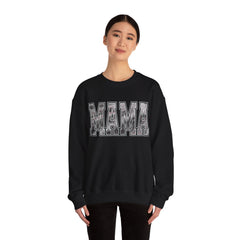 MAMA drag racing sweatshirt on model in black with burnout style varsity lettering