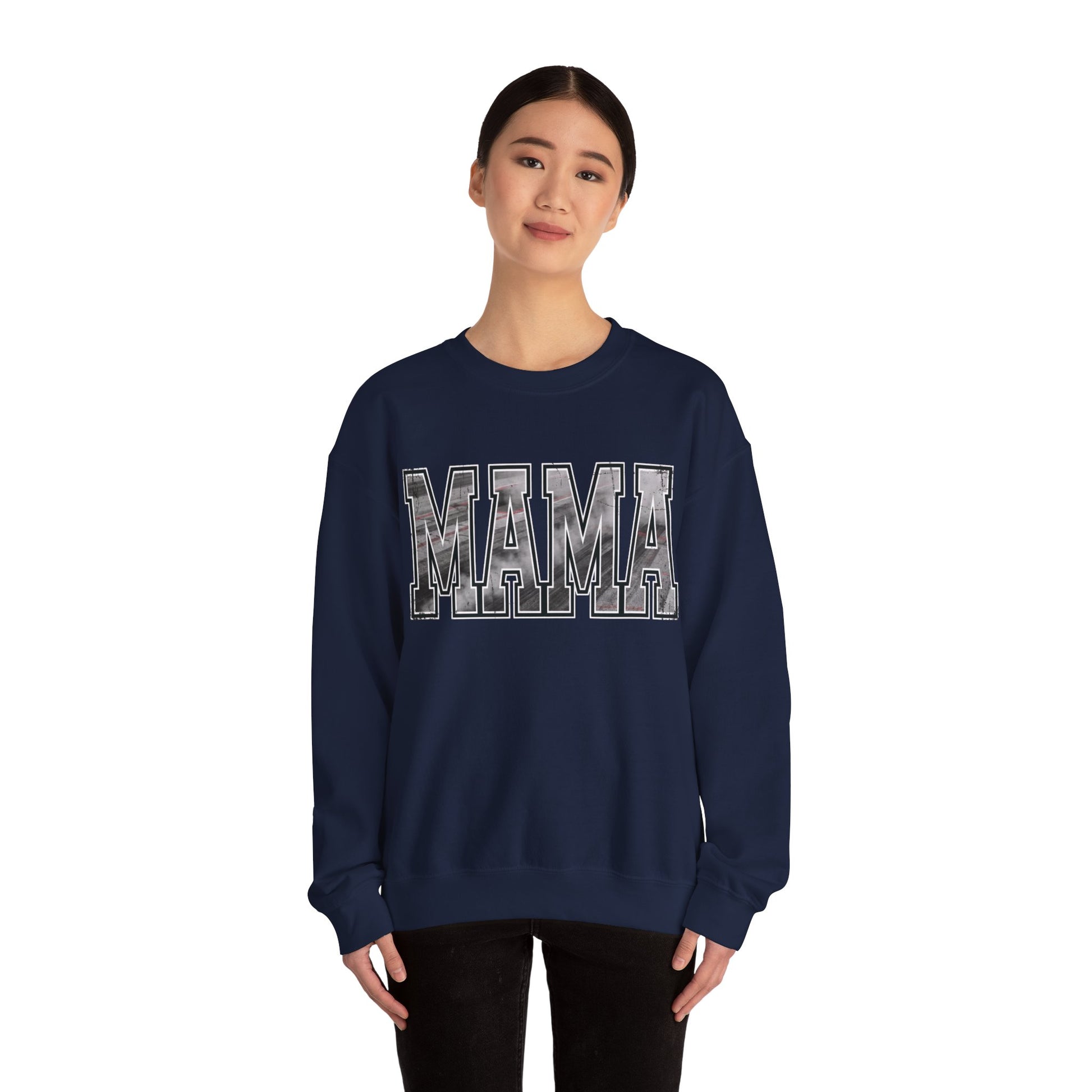 MAMA drag racing sweatshirt in navy blue with motorsports burnout style lettering on model