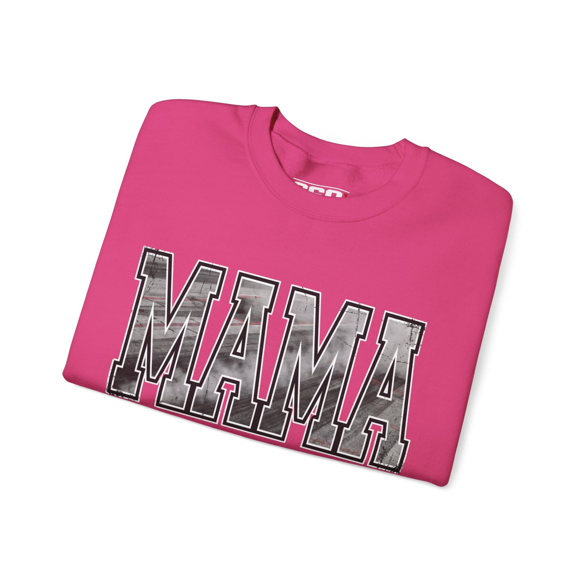 Close up of pink MAMA drag racing sweatshirt showing burnout texture varsity lettering