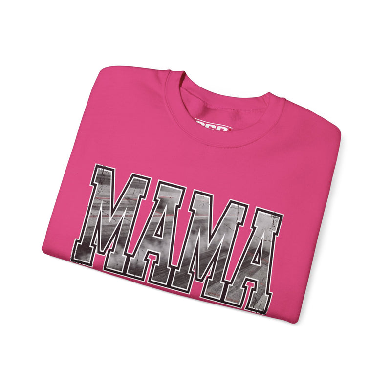 Close up of pink MAMA drag racing sweatshirt showing burnout texture varsity lettering