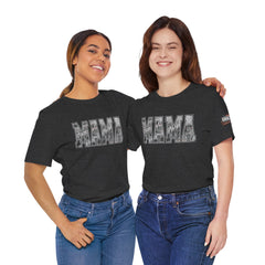 Two models wearing navy MAMA drag racing t shirts with motorsports burnout lettering
