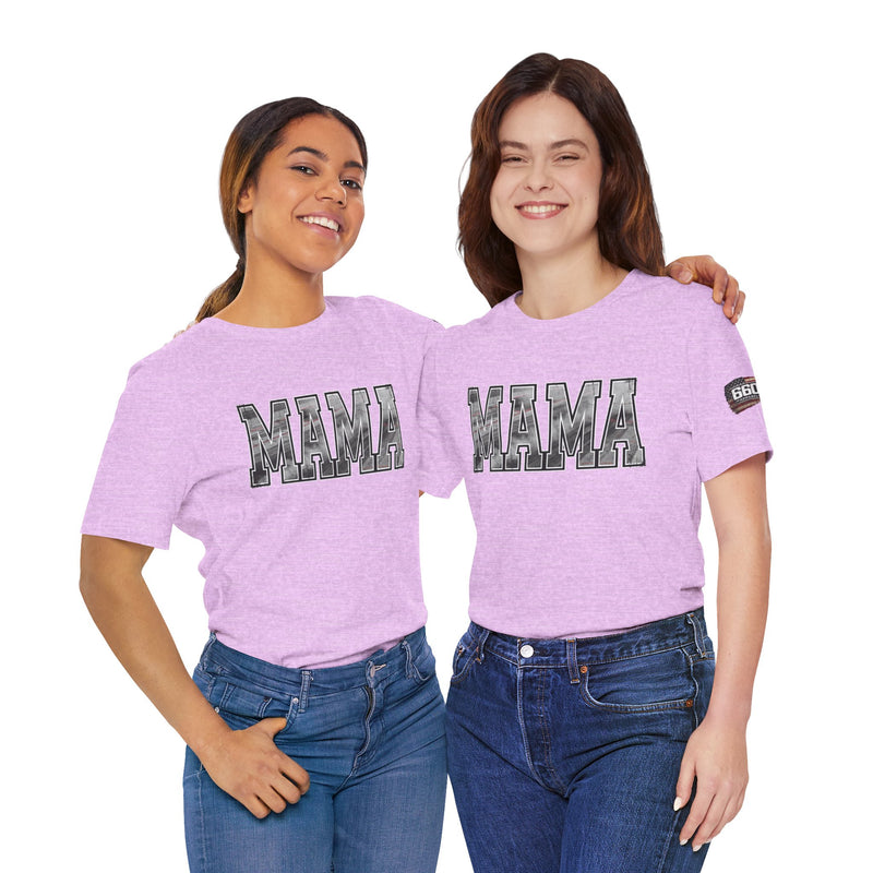 Models wearing MAMA racing mom t shirts in purple and pink with burnout style lettering