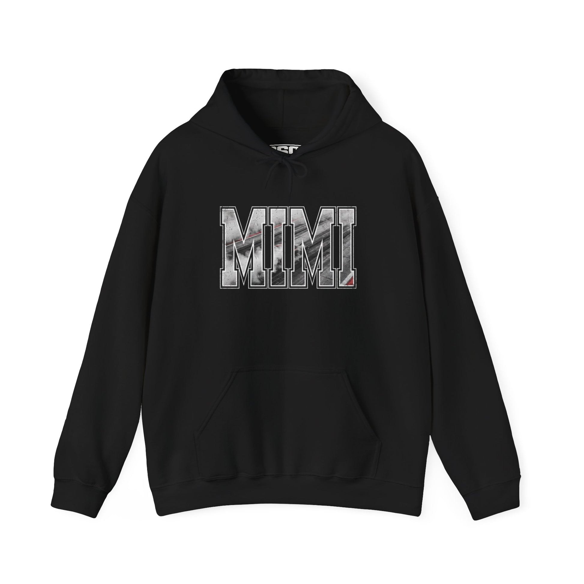 MIMI drag racing hoodie on model in black with burnout style varsity lettering