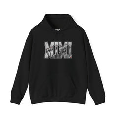 MIMI drag racing hoodie on model in black with burnout style varsity lettering