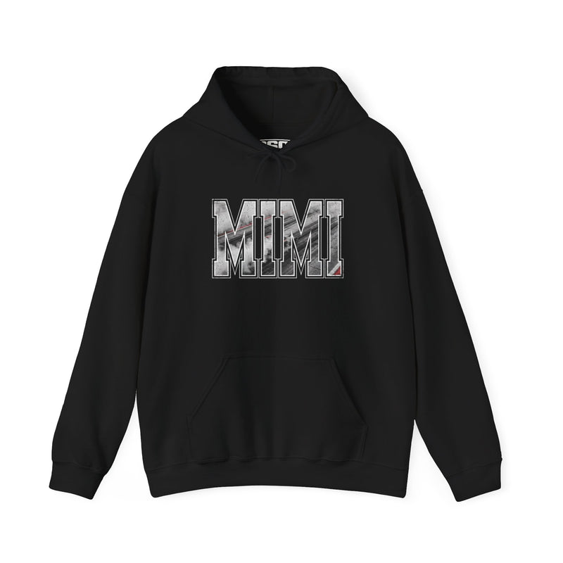 MIMI drag racing hoodie on model in black with burnout style varsity lettering