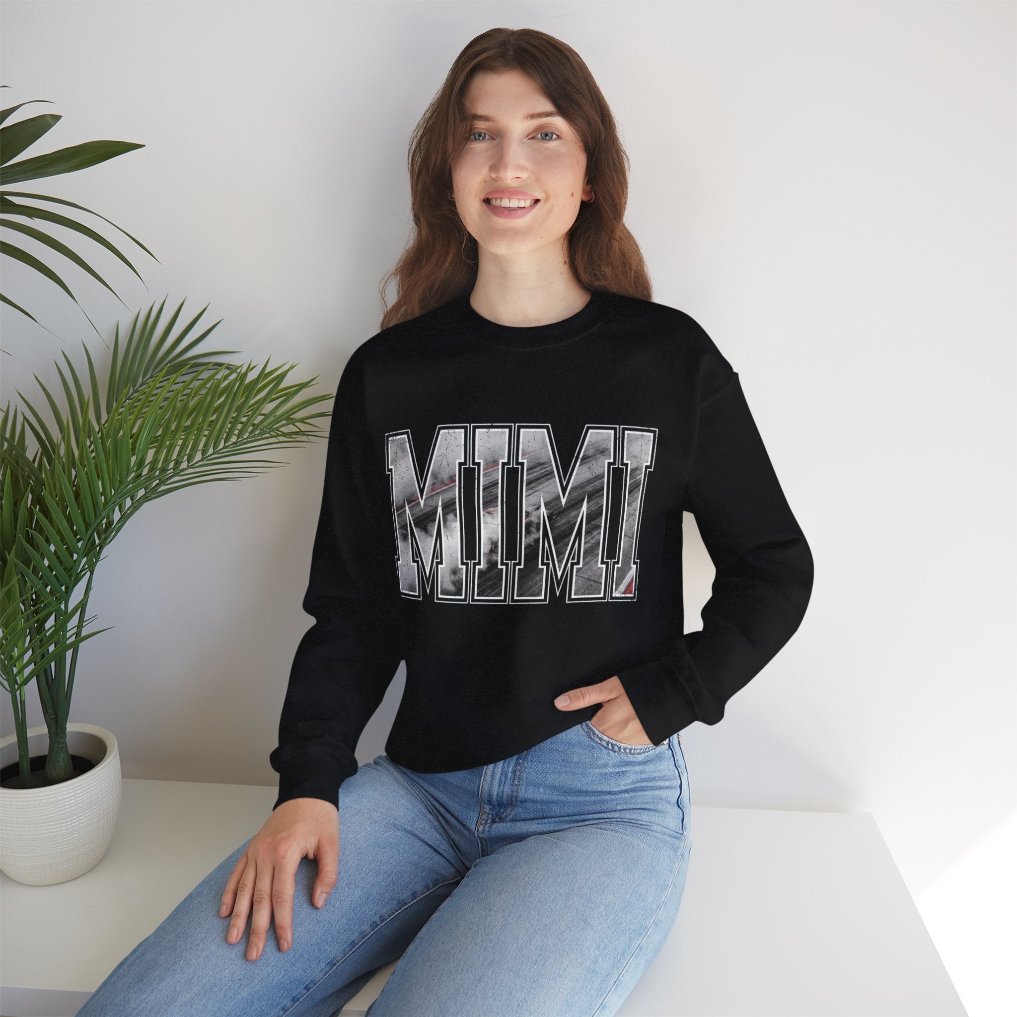MIMI drag racing sweatshirt on model in black with burnout style varsity lettering