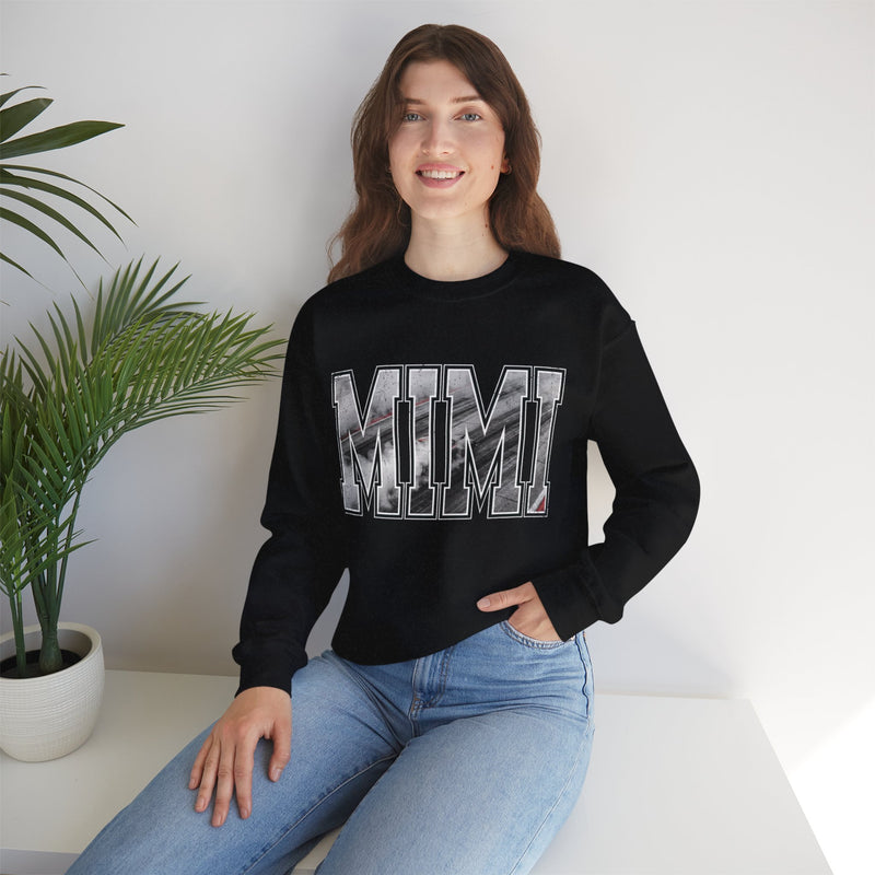 MIMI drag racing sweatshirt on model in black with burnout style varsity lettering