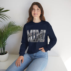 MIMI drag racing sweatshirt in navy blue with motorsports burnout lettering on model