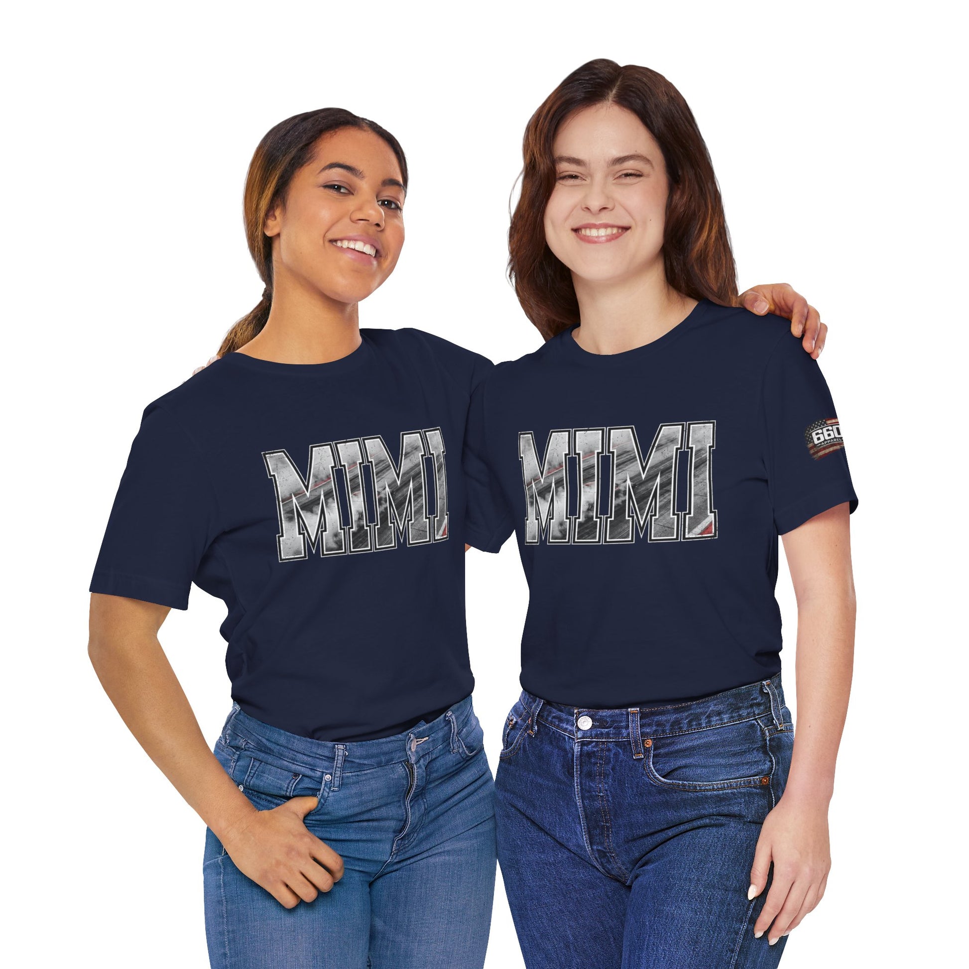Two models wearing navy MIMI drag racing t shirts with motorsports burnout lettering