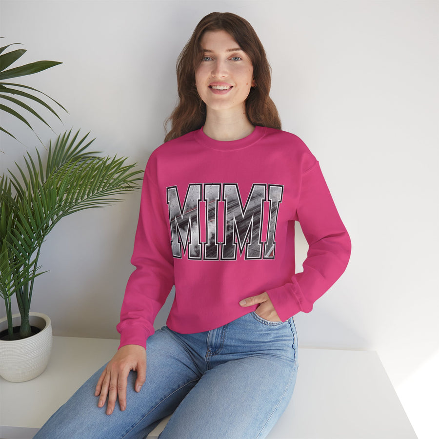 Pink MIMI racing grandma sweatshirt with drag racing varsity lettering on model