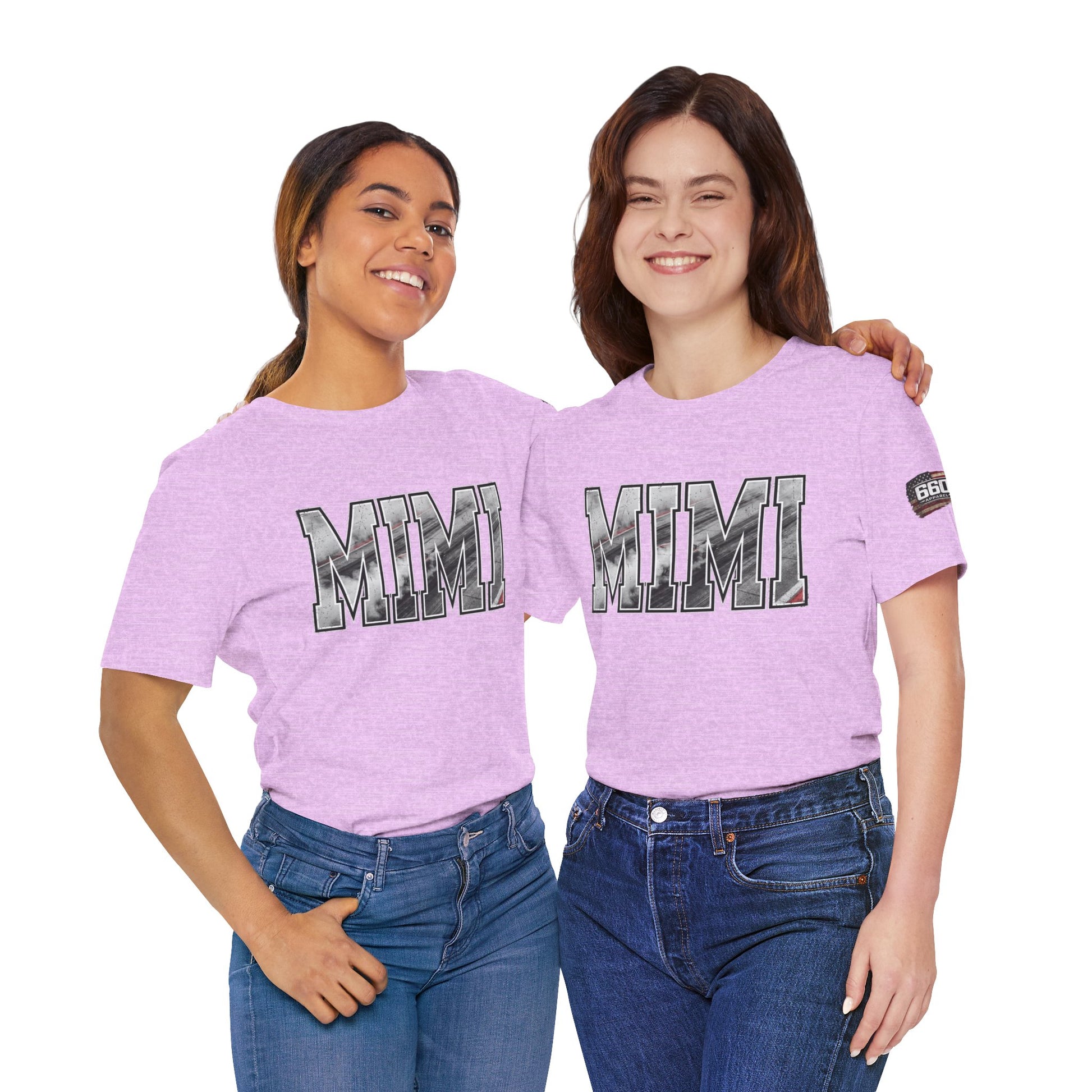 Models wearing MIMI racing grandma t shirts in purple and pink with burnout style lettering