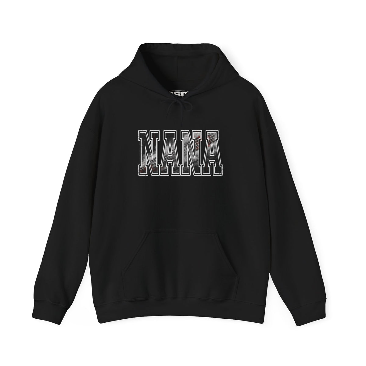 NANA drag racing hoodie on model in black with burnout style varsity lettering