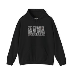 NANA drag racing hoodie on model in black with burnout style varsity lettering