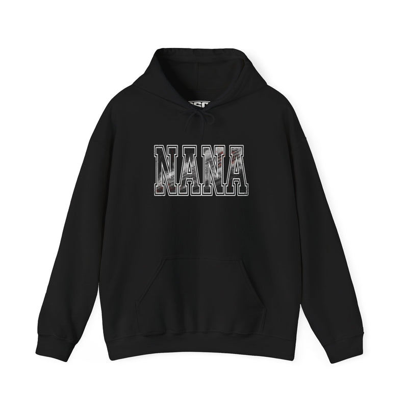 NANA drag racing hoodie on model in black with burnout style varsity lettering