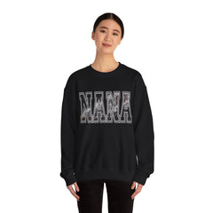 NANA drag racing sweatshirt on model in black with burnout style varsity lettering