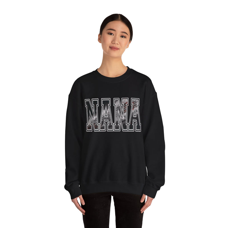 NANA drag racing sweatshirt on model in black with burnout style varsity lettering