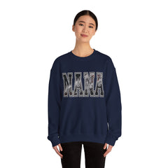 NANA drag racing sweatshirt in navy blue with motorsports burnout lettering on model