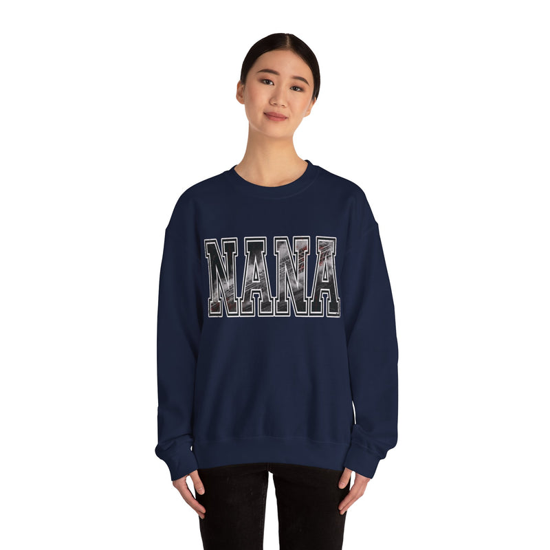NANA drag racing sweatshirt in navy blue with motorsports burnout lettering on model