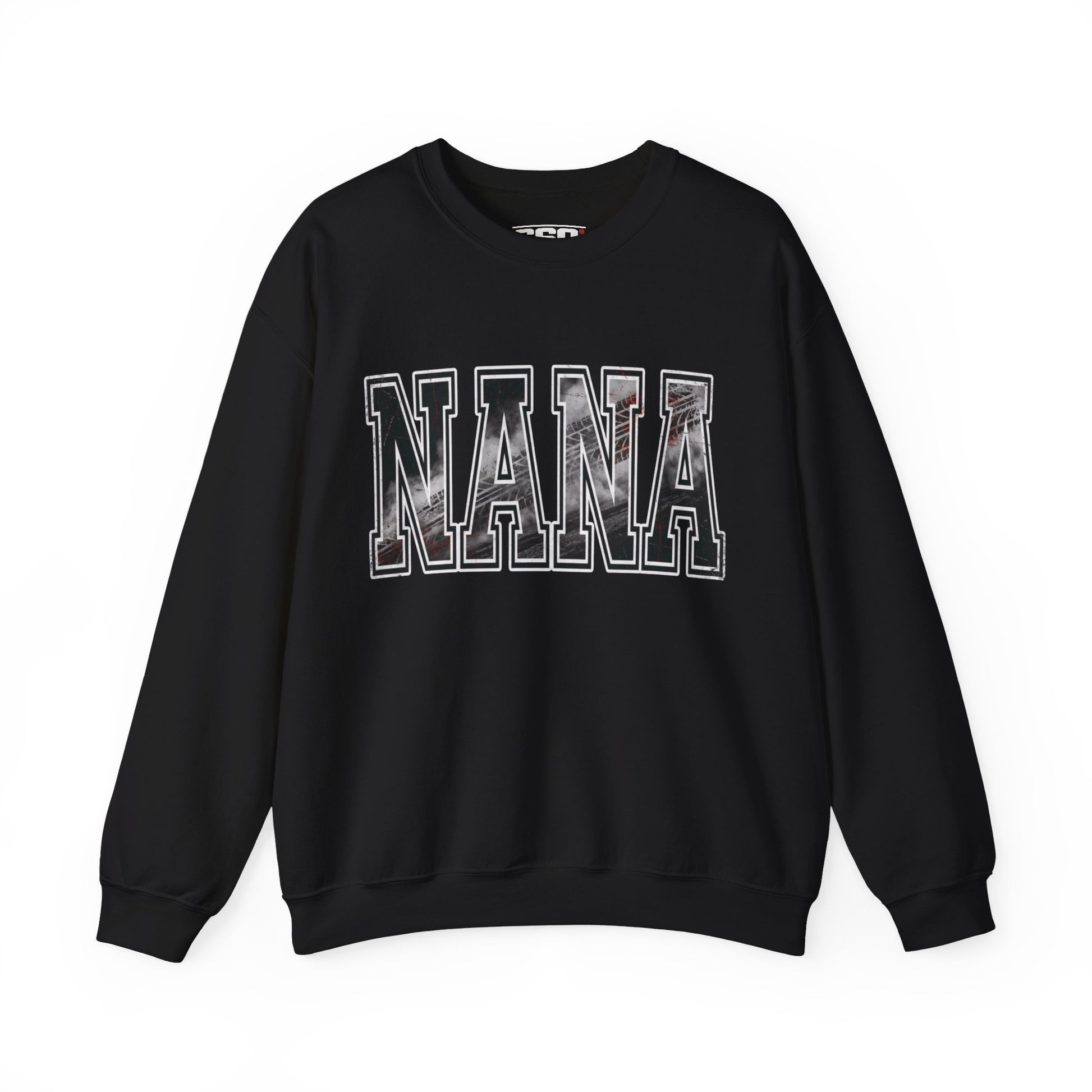 Black NANA racing grandma sweatshirt with drag racing burnout texture lettering flat lay