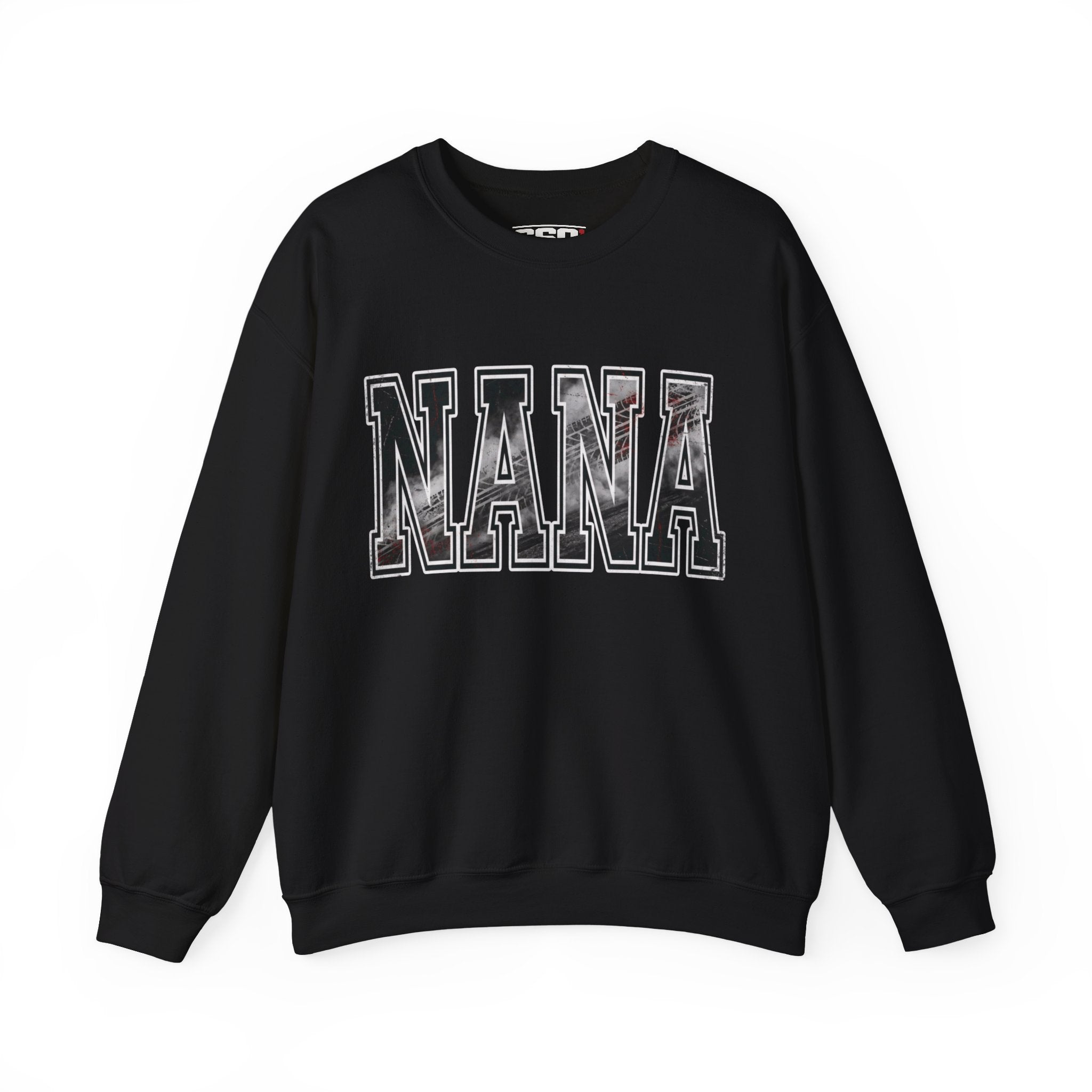 Black NANA racing grandma sweatshirt with drag racing burnout texture lettering flat lay