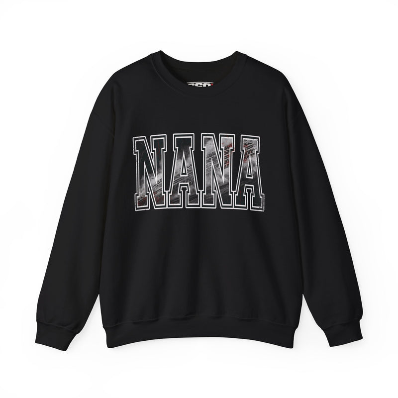 Black NANA racing grandma sweatshirt with drag racing burnout texture lettering flat lay