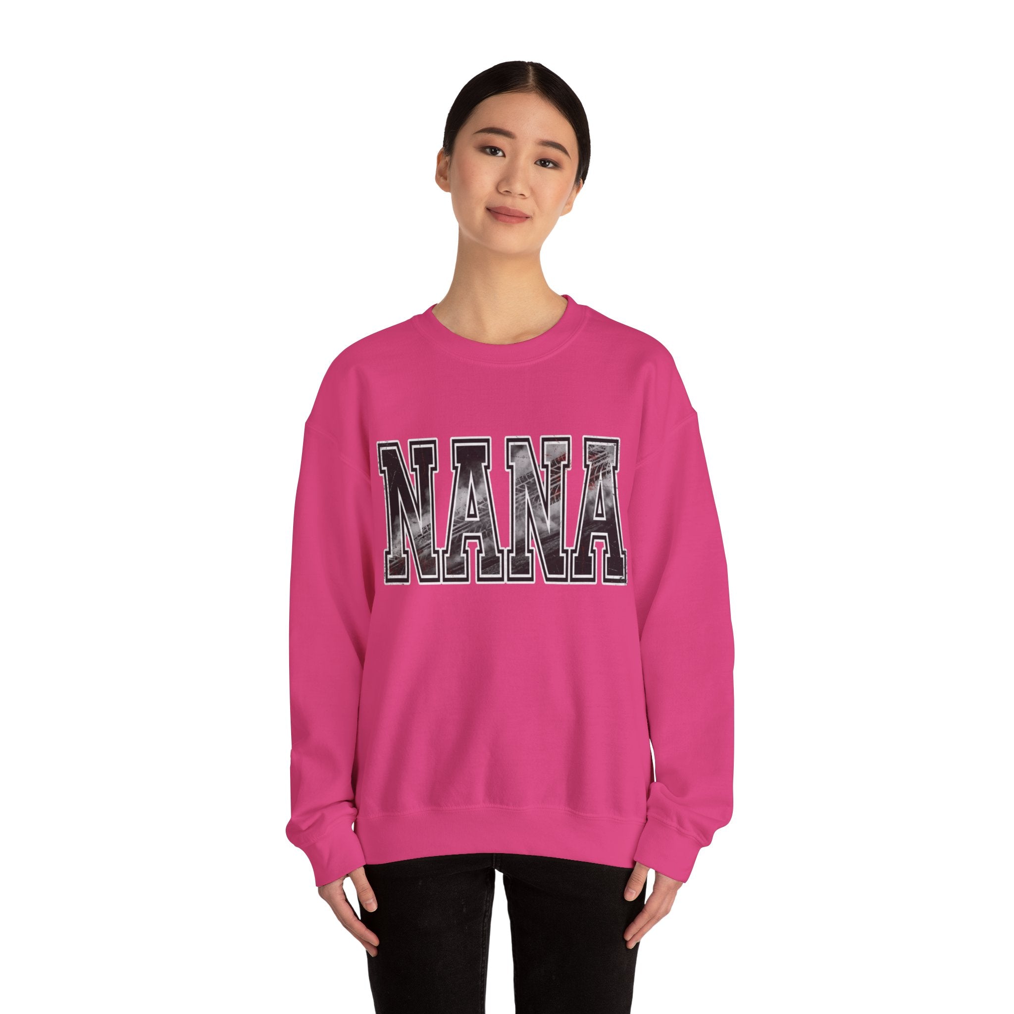 Pink NANA racing grandma sweatshirt with drag racing varsity lettering on model