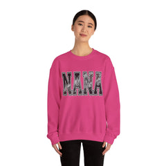 Pink NANA racing grandma sweatshirt with drag racing varsity lettering on model